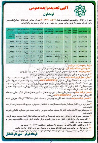 مزایده مزایده تجدید فروش 6 قطعه زمین در شهرک صنعتی نوبت اول 