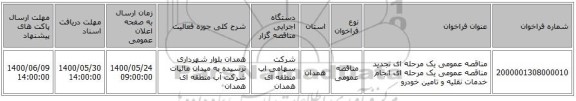 مناقصه عمومی یک مرحله ای تجدید مناقصه عمومی یک مرحله ای انجام خدمات نقلیه و تامین خودرو  