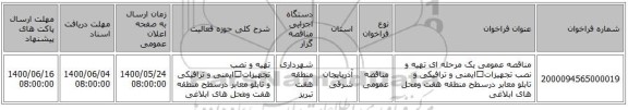 مناقصه عمومی یک مرحله ای تهیه و نصب تجهیزاتایمنی و ترافیکی و تابلو معابر درسطح منطقه هفت ومحل های ابلاغی 