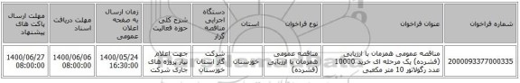 مناقصه عمومی همزمان با ارزیابی (فشرده) یک مرحله ای  خرید  10000 عدد رگولاتور 10 متر مکعبی 