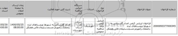 فراخوان ارزیابی کیفی امداد گازرسانی به شهرها وروستاهای ایذه ،باغملک،رامهرمز،مسجدسلیمان،لالی،هفتکل