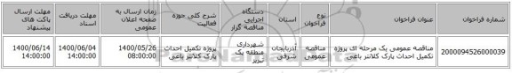 مناقصه عمومی یک مرحله ای پروژه تکمیل احداث پارک کلانتر باغی