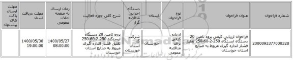 فراخوان ارزیابی کیفی پروه تامین 20 دستگاه ایستگاه 250-2-60-250 تقلیل فشار اندازه گیری مربوط به صنایع استان خوزستان