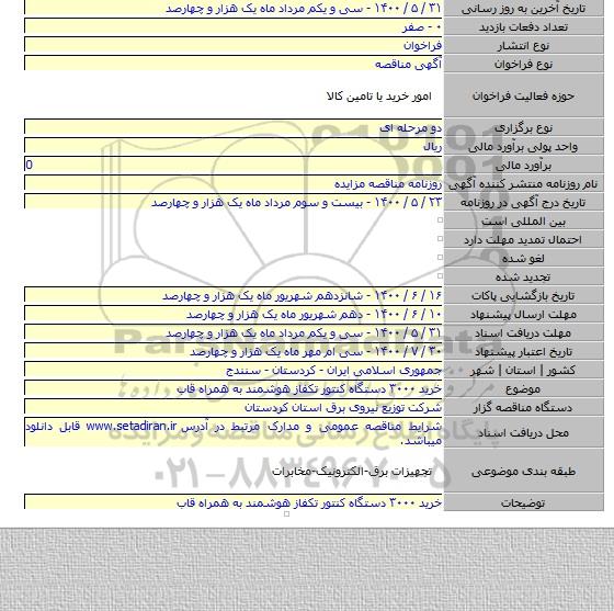 خرید ۳۰۰۰ دستگاه کنتور تکفاز  هوشمند به همراه قاب