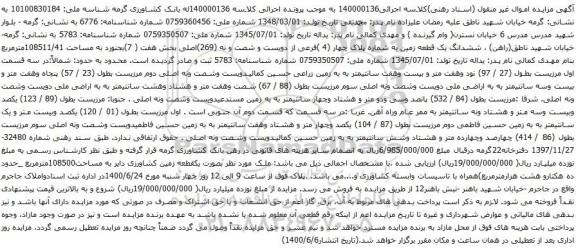 آگهی مزایده ششدانگ یک قطعه زمین به شماره پلاک چهار (4 )فرعی از دویست و شصت و نه (269)اصلی بخش هفت