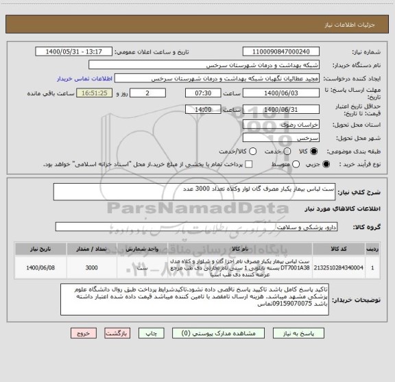 استعلام ست لباس بیمار یکبار مصرف گان لوار وکلاه تعداد 3000 عدد