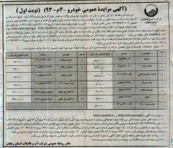 آگهی مزایده عمومی ,مزایده تعدادی از خودروهای شخصی