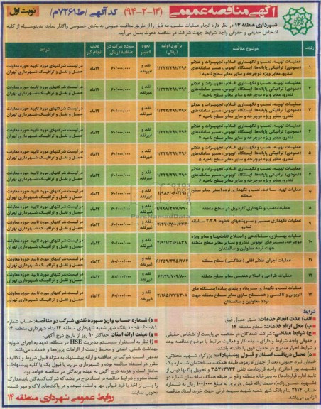 آگهی مناقصه عمومی , مناقصه عملیات تهیه ، نصب و نگهداری اقلام ، تجهیزات و علائم (عمودی) ترافیکی ...