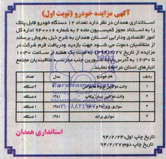 آگهی مزایده ,مزایده تعداد 12 دستگاه خودرو