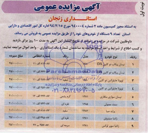 مزایده عمومی , مزایده عمومی تعداد 9 دستگاه خودرو