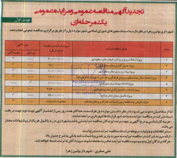 تجدید آگهی مزایده عمومی,مزایده فروش چند قطعه زمین با مساحت ها و کاربری های مختلف 