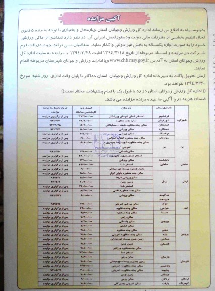 مزایده,واگذاری تعدادی از اماکن ورزشی