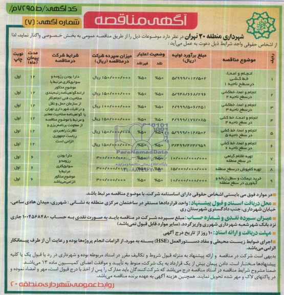 مناقصه , مناقصه  انجام و امحاء خط کشی در سطح ناحیه 1