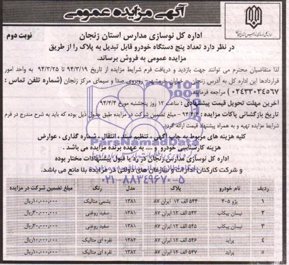 مزایده عمومی , مزایده عمومی تعداد پنج دستگاه خودرو قابل تبدیل به پلاک