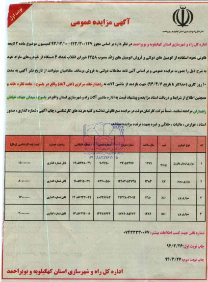 مزایده , مزایده تعداد 4 دستگاه از خودروهای مازاد خود 