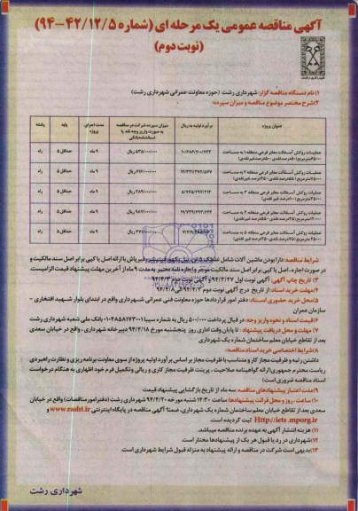 آگهی مناقصه عمومی یک مرحله ای , مناقصه عملیات روکش آسفالت معابر فرعی