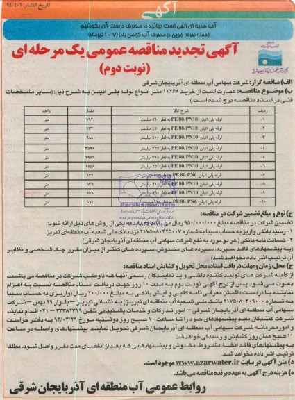 تجدید مناقصه , تجدید مناقصه خرید 11268 متر انواع لوله پلی اتیلن 