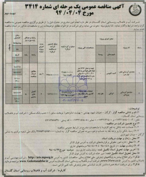 آگهی مناقصه عمومی یک مرحله ای , مناقصه تهیه و حمل 1616 متر لوله های فولادی