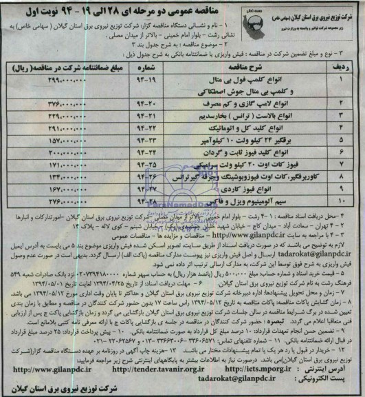 مناقصه عمومی, مناقصه  انواع کلمپ فول بی متال و کلمپ بی متال جوش اصطکاکی 