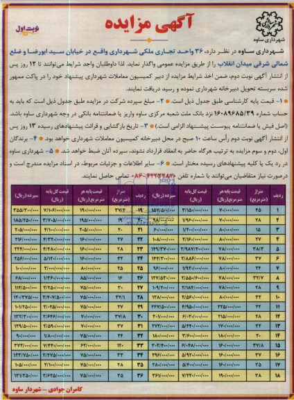 مزایده,36 واحد تجاری ملکی