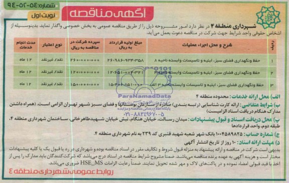 آگهی مناقصه, مناقصه حفظ و نگهداری فضای سبز، ابنیه و تأسیسات 