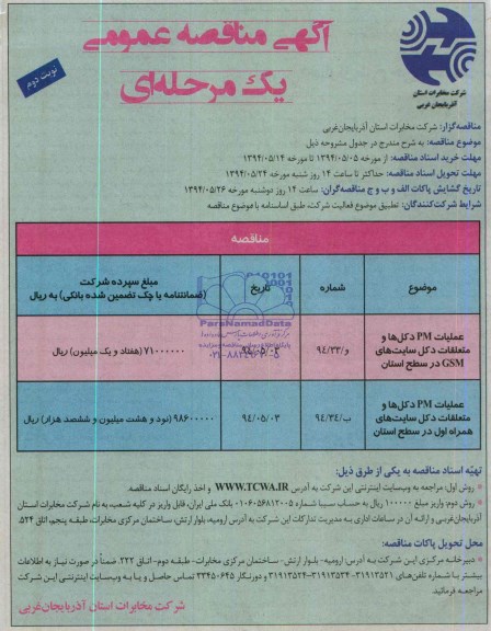 آگهی مناقصه عمومی, مناقصه  عملیات PM دكل‎ها و متعلقات دكل سایتهای GSM در سطح استان  ...