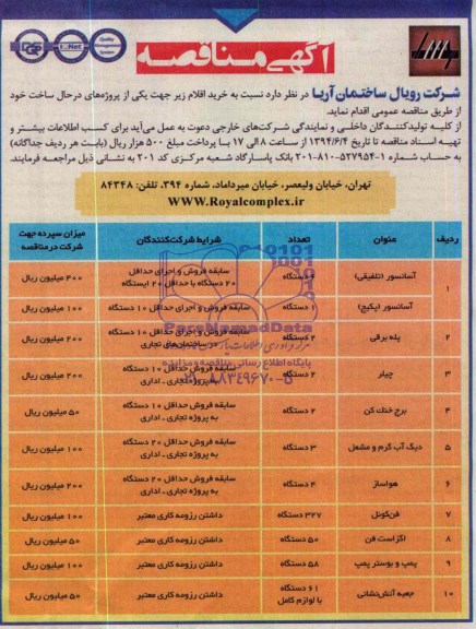 مناقصه, مناقصه خرید اقلام در حال ساخت (آسانسور)