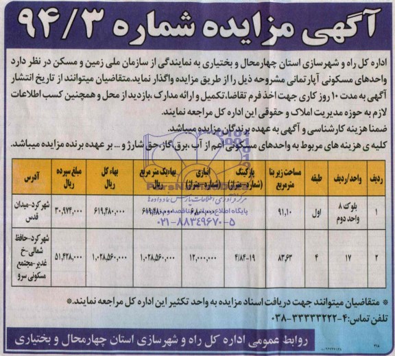 مزایده,واحدهای مسکونی اپارتمانی