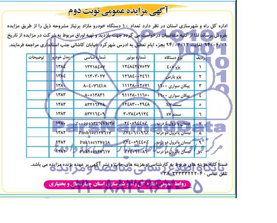 آگهی مزایده عمومی,مزایده فروش تعداد 10 دستگاه خودرو مازاد