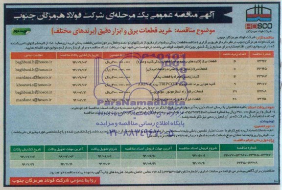 مناقصه عمومی, مناقصه خرید قطعات برق و ابزار دقیق ( برندهای مختلف ) 