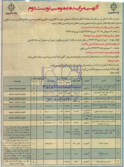 مزایده, تعداد 12فقره از املاک مازاد