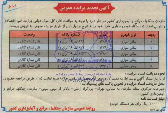 تجدید مزایده , مزایده تعداد 5دستگاه خودرو سواری 