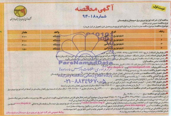 آگهی مناقصه , مناقصه خرید انواع تابلو توزیع 