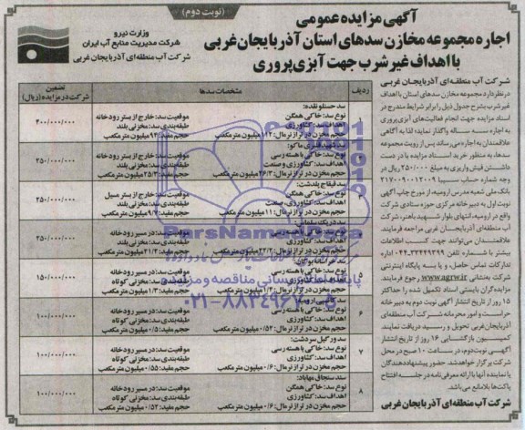 مزایده عمومی , مزایده عمومی اجاره مجموعه مخازن سدهای استان