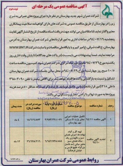 آگهی مناقصه عمومی ,مناقصه تکمیل عملیات اجرایی معابر پارت B مسکن مهر بهارستان