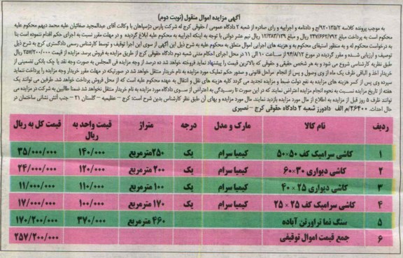 آگهی مزایده اموال منقول, مزایده  کاشی سرامیک کف 50*50 