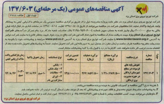 مناقصه های عمومی , مناقصه های عمومی تعویض پایه های فرسوده در سطح شهرستان اردکان 