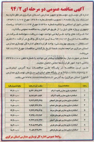 آگهی مناقصه عمومی دو مرحله ای , مناقصه عمومی استاندارد سازی مدارس