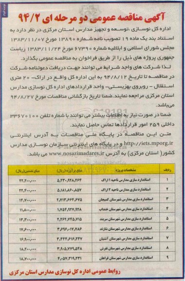 آگهی مناقصه عمومی دو مرحله ای , مناقصه عمومی استاندارد سازی مدارس- نوبت دوم 