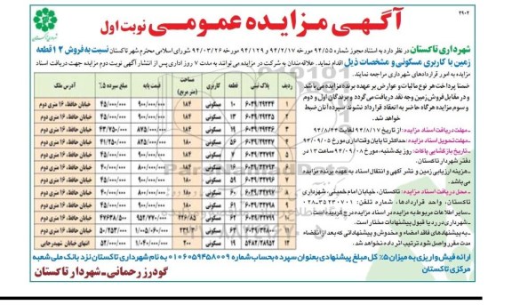 مزایده,فروش 12 قطعه زمین باکاربری مسکونی نوبت اول