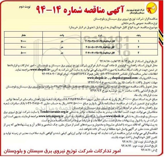 آگهی مناقصه, مناقصه خرید انواع کابل خود نگهدار نوبت دوم 