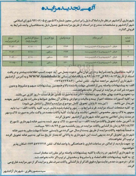 مزایده, تجدید چهارقطعه ملک مسکونی براساس مجوز شماره 512