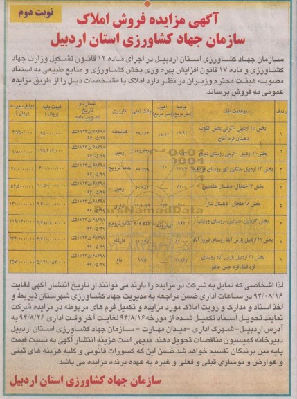 مزایده, نوبت دوم فروش املاک در اجرای ماده 12 قانون تشکیل وزارت جهاد و ماده هفده 