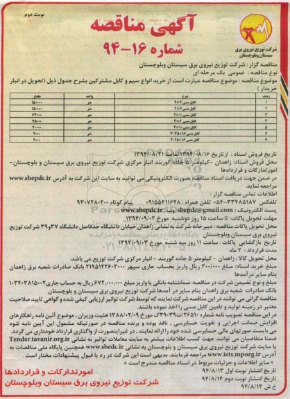 آگهی مناقصه, مناقصه خرید انواع سیم و کابل مشترکین نوبت دوم 