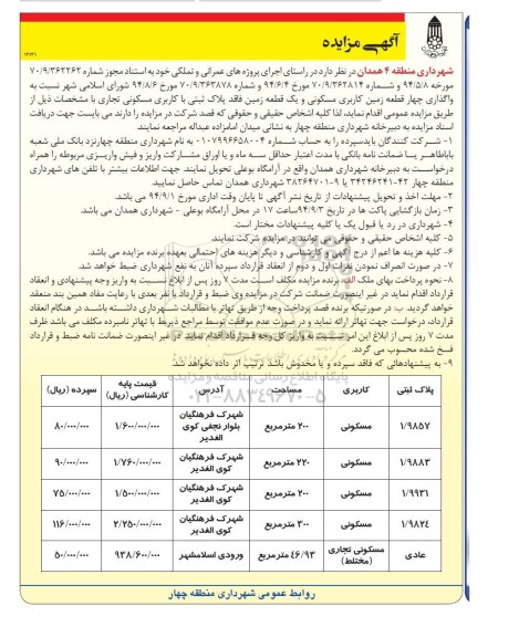 مزایده,واگذاری 4 قطعه زمین مسکونی و یک قطعه زمین فاقد پلاک ثبتی مسکونی تجاری