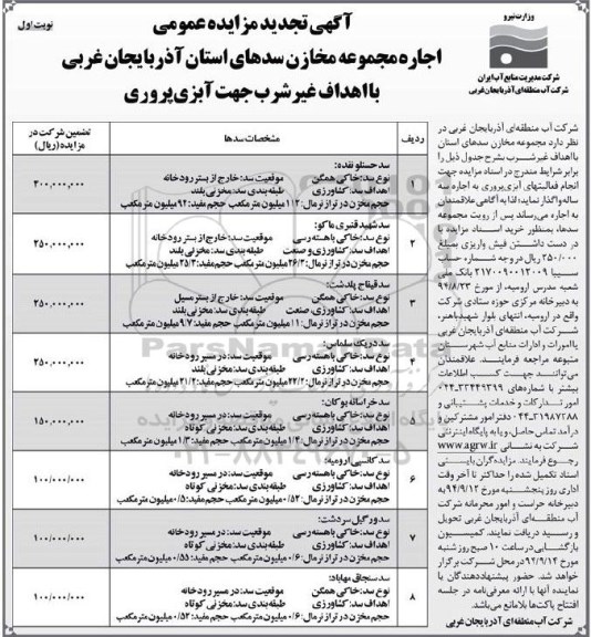 مزایده عمومی , مزایده عمومی اجاره مجموعه مخازن سدهای استان نوبت اول 