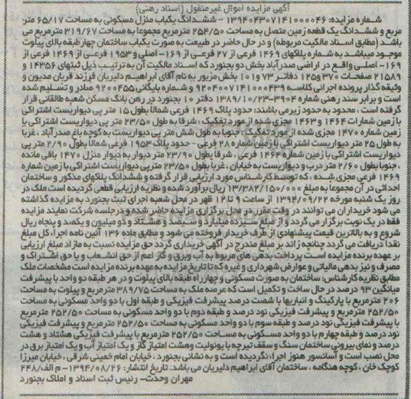 مزایده, اموال غیرمنقول با مساحت 65.17متر ششدانگ یکباب منزل و زمین متصل  