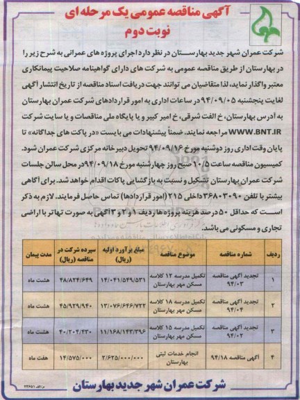 تجدید مناقصه , تجدید مناقصه ساخت و تکمیل مدرسه 12 کلاسه مسکن مهر-نوبت دوم 