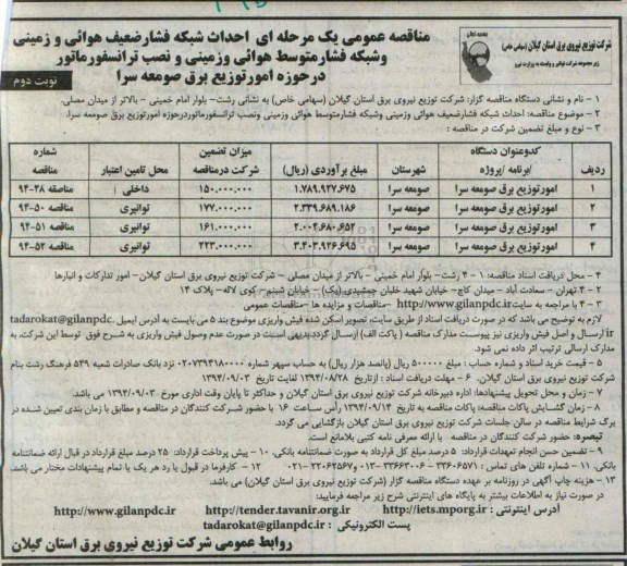 مناقصه عمومی یک مرحله ای , مناقصه احداث شبکه فشار ضعیف هوایی و زمینی و شبکه فشار متوسط هوایی... نوبت دوم 