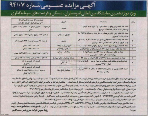 مزایده,عمومی شماره 94.07 تعداد 32 قطعه زمین و 61 واحد ساخته شده تجاری و یک واحد ساخته شده مسکونی 